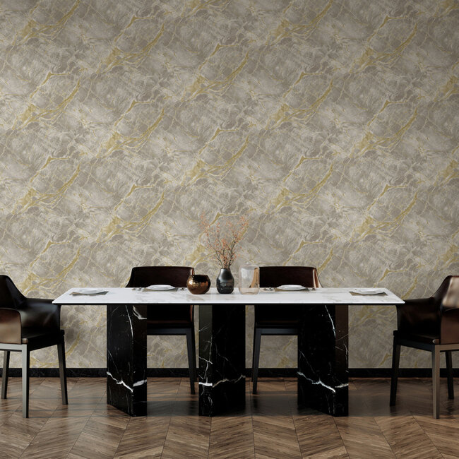 Dutch Wallcoverings Dutch Wallcoverings - FC Arabesque- Portoro Grey/Gold - Vliesbehang - 10m x 53cm - 36283