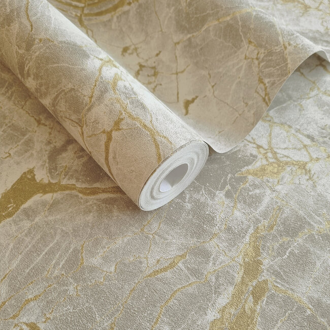 Dutch Wallcoverings Dutch Wallcoverings - FC Arabesque- Portoro Grey/Gold - Vliesbehang - 10m x 53cm - 36283