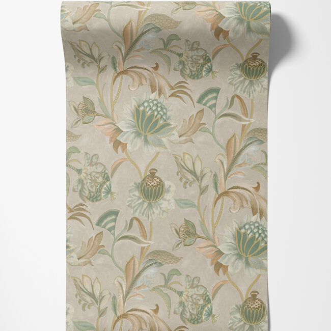Dutch Wallcoverings Dutch Wallcoverings - FC Arabesque- Cecelia Beige Green - Vliesbehang - 10m x 53cm - 36352
