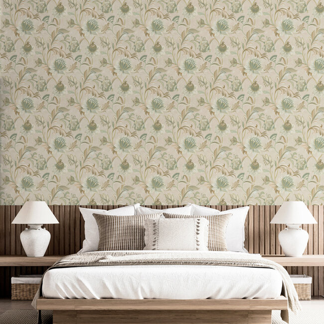 Dutch Wallcoverings Dutch Wallcoverings - FC Arabesque- Cecelia Beige Green - Vliesbehang - 10m x 53cm - 36352