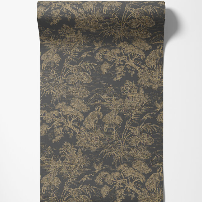 Dutch Wallcoverings Dutch Wallcoverings - FC Arboretum- Natoru Charcoal Gold - Vliesbehang - 10m x 53cm - 91701