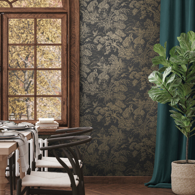 Dutch Wallcoverings Dutch Wallcoverings - FC Arboretum- Natoru Charcoal Gold - Vliesbehang - 10m x 53cm - 91701