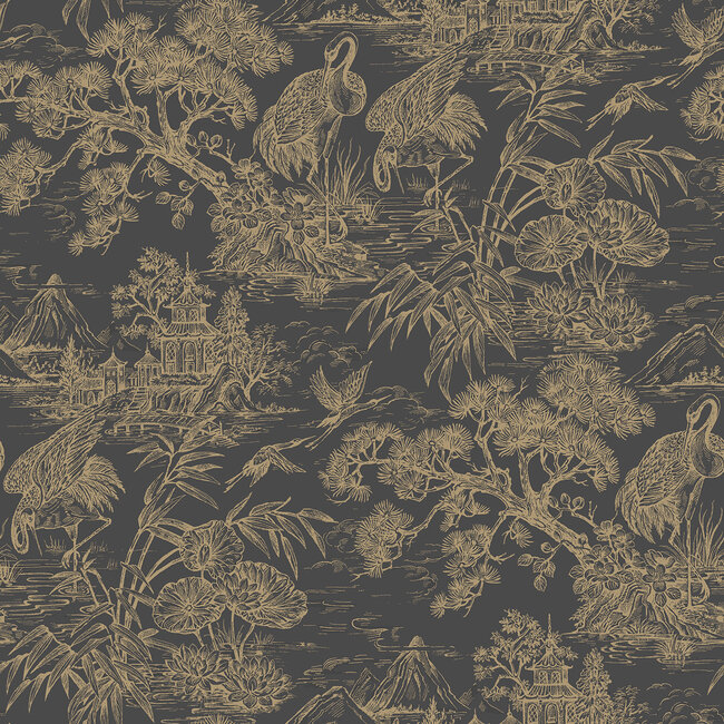 Dutch Wallcoverings Dutch Wallcoverings - FC Arboretum- Natoru Charcoal Gold - Vliesbehang - 10m x 53cm - 91701