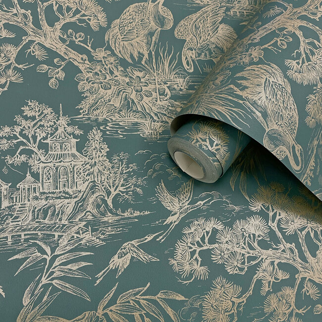Dutch Wallcoverings Dutch Wallcoverings - FC Arboretum- Natoru Aqua Gold - Vliesbehang - 10m x 53cm - 91702