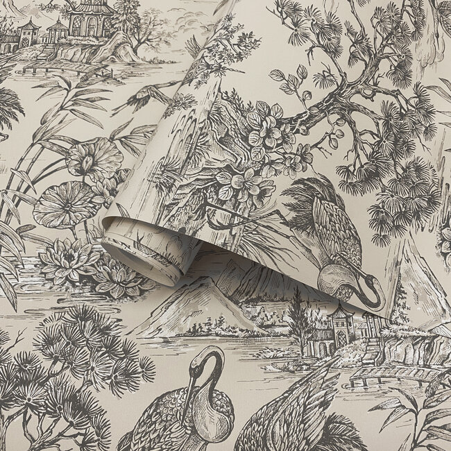 Dutch Wallcoverings Dutch Wallcoverings - FC Arboretum- Natoru Charcoal Cream - Vliesbehang - 10m x 53cm - 91703