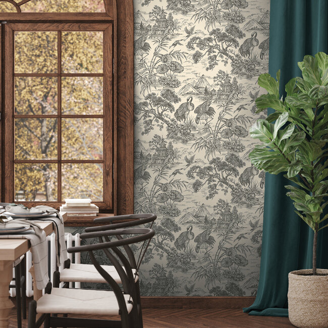 Dutch Wallcoverings Dutch Wallcoverings - FC Arboretum- Natoru Charcoal Cream - Vliesbehang - 10m x 53cm - 91703