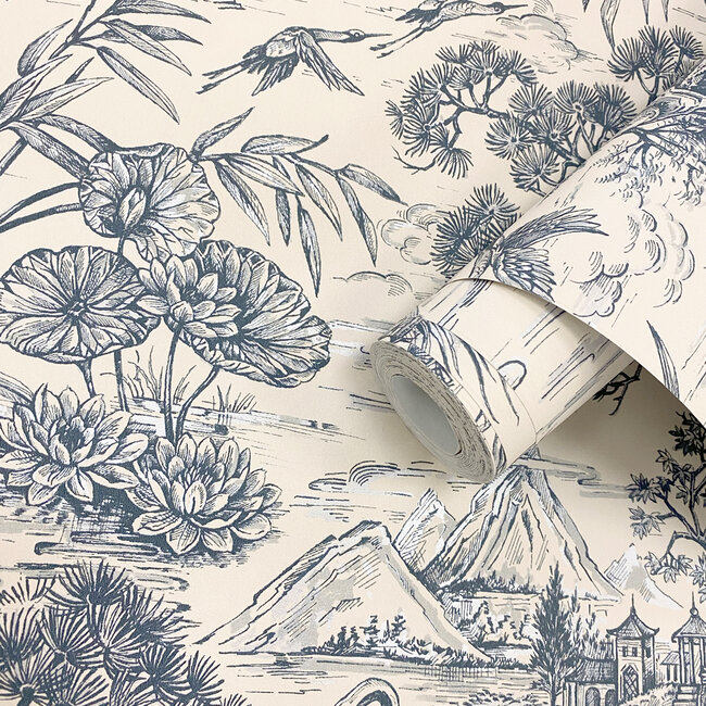 Dutch Wallcoverings Dutch Wallcoverings - FC Arboretum- Natoru Navy Cream - Vliesbehang - 10m x 53cm - 91705