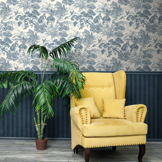 Dutch Wallcoverings Dutch Wallcoverings - FC Arboretum- Natoru Navy Cream - Vliesbehang - 10m x 53cm - 91705