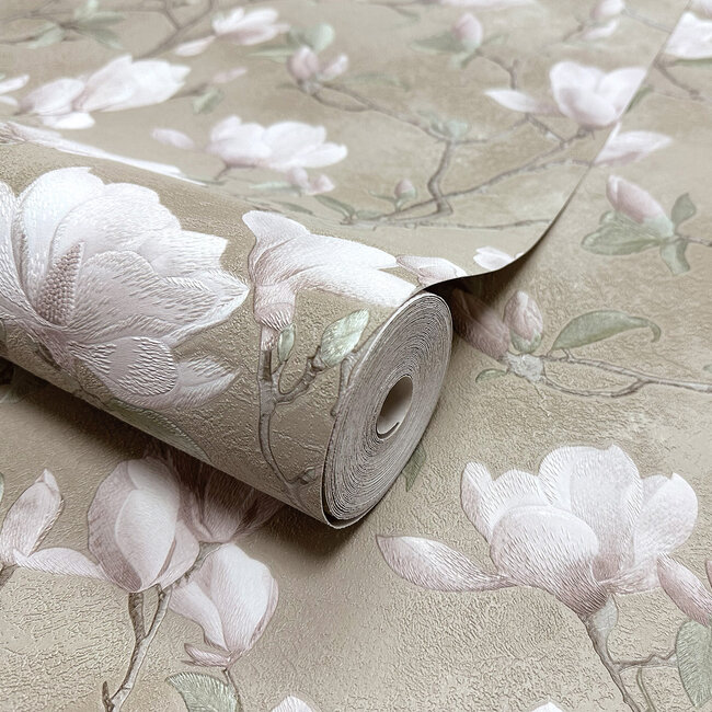 Dutch Wallcoverings Dutch Wallcoverings - FC Eleganza- Petalina Beige/Pink - Vinyl op papier - 10m x 53cm - 36400
