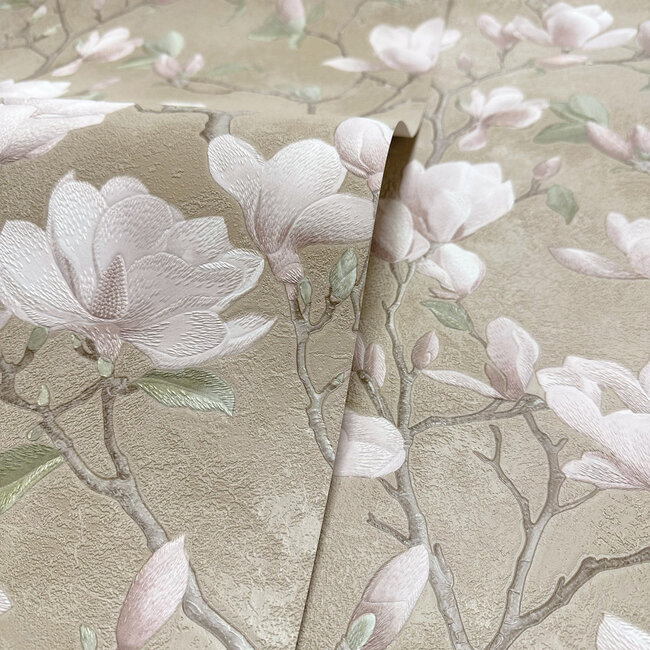 Dutch Wallcoverings Dutch Wallcoverings - FC Eleganza- Petalina Beige/Pink - Vinyl op papier - 10m x 53cm - 36400