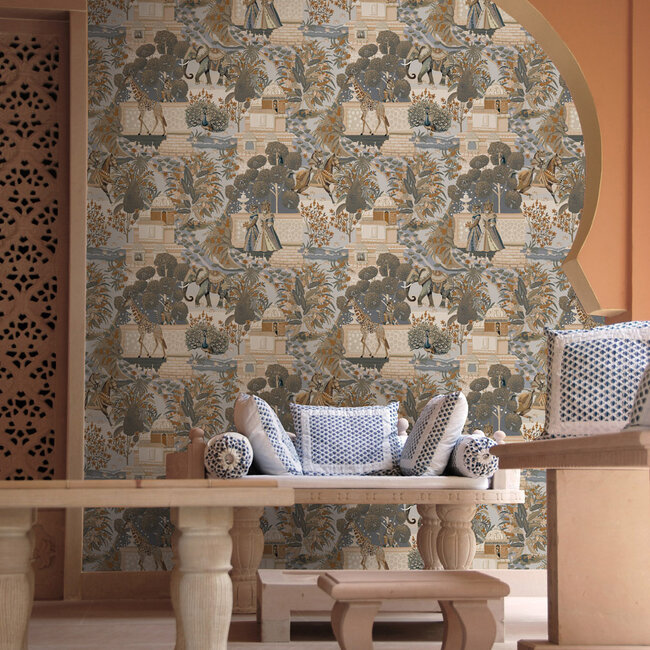 Dutch Wallcoverings Dutch Wallcoverings - FC Journey to the East - Jal Mahal Navy/Orange - Vliesbehang - 10m x 53cm - 91801
