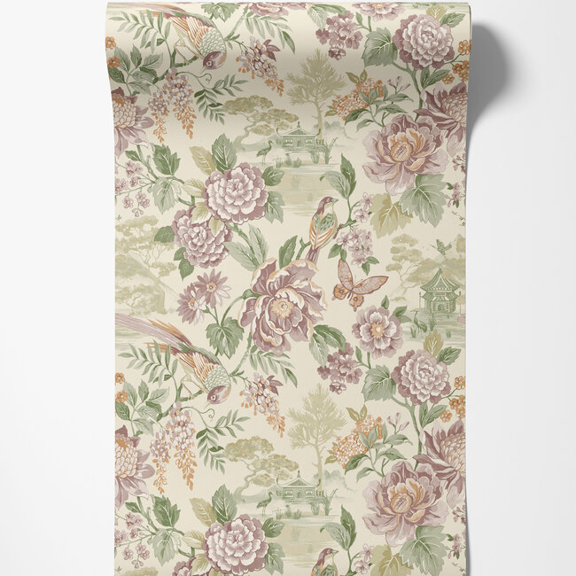 Dutch Wallcoverings Dutch Wallcoverings - FC Journey to the East - Hana Green/Cream - Vliesbehang - 10m x 53cm - 91830