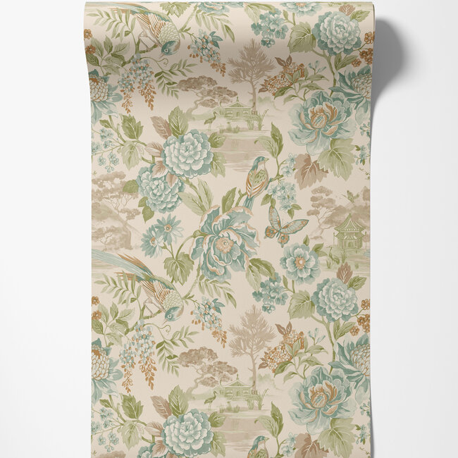 Dutch Wallcoverings Dutch Wallcoverings - FC Journey to the East - Hana Teal/Orange - Vliesbehang - 10m x 53cm - 91831