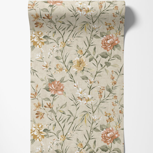 Dutch Wallcoverings Dutch Wallcoverings - FC Journey to the East - Sazanka Neutral/Orange  - Vliesbehang - 10m x 53cm - 91853