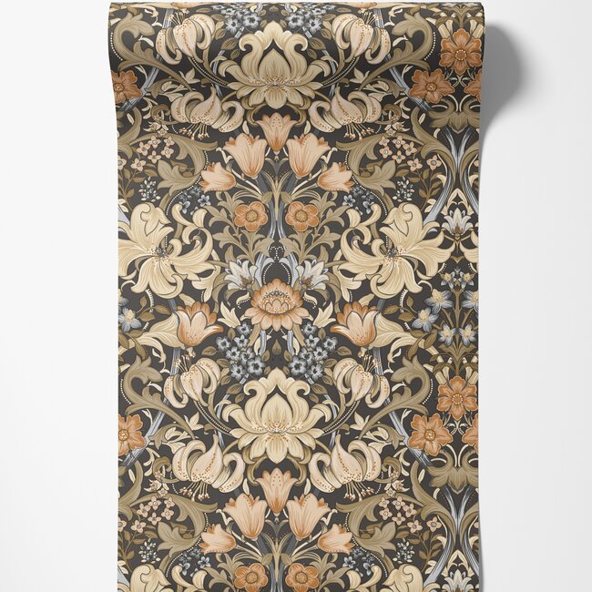 Dutch Wallcoverings Dutch Wallcoverings - FC Tales of the Manor - Fleurmont Charcoal/Orange - Vliesbehang - 10m x 53cm - 91900