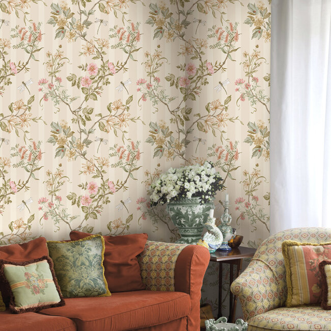 Dutch Wallcoverings Dutch Wallcoverings - FC Tales of the Manor - Camberley Cream/Coral - Vliesbehang - 10m x 53cm - 91932