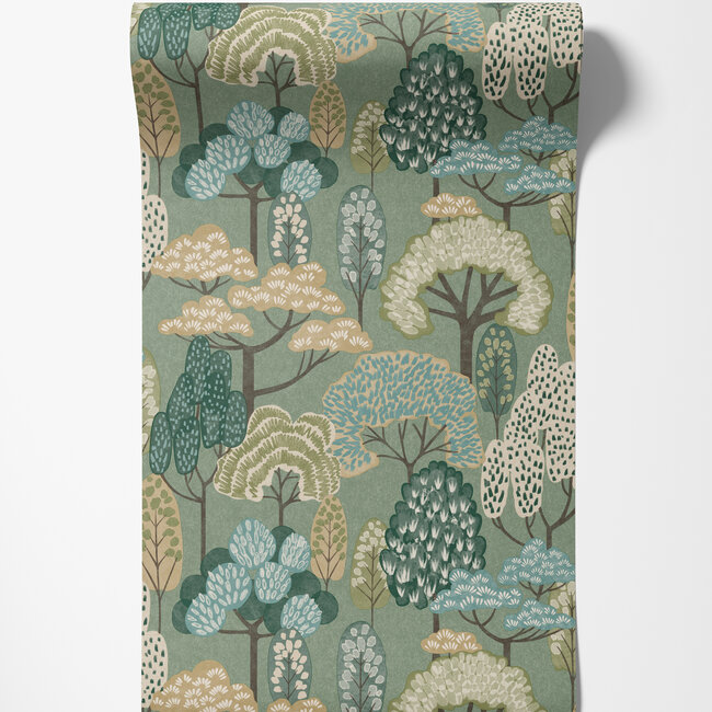 Dutch Wallcoverings Dutch Wallcoverings - Little Dreamers- Happy Trees groen - Vliesbehang - 10m x 53cm - LD2113