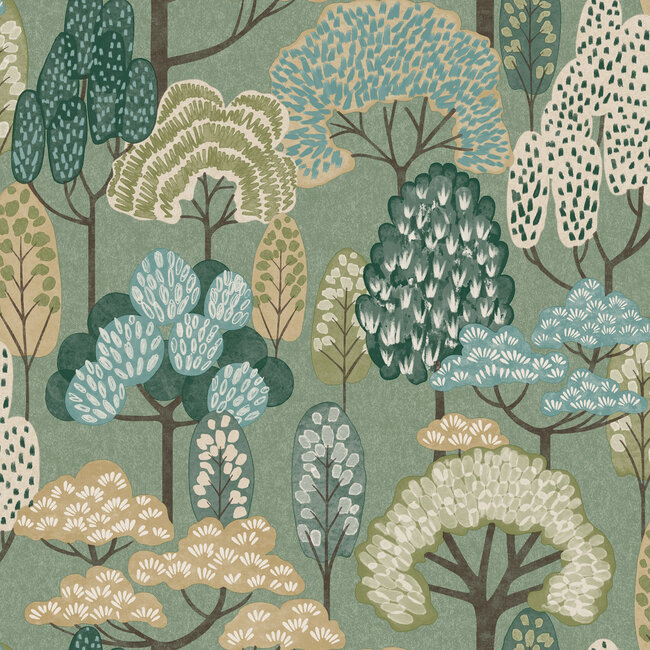 Dutch Wallcoverings Dutch Wallcoverings - Little Dreamers- Happy Trees groen - Vliesbehang - 10m x 53cm - LD2113
