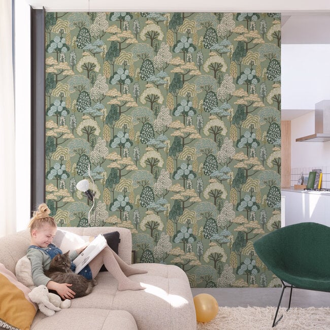 Dutch Wallcoverings Dutch Wallcoverings - Little Dreamers- Happy Trees groen - Vliesbehang - 10m x 53cm - LD2113
