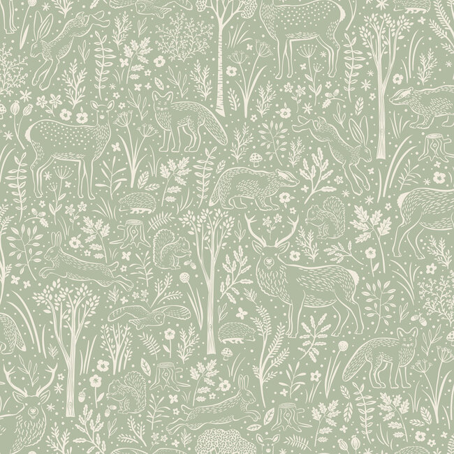 Dutch Wallcoverings Dutch Wallcoverings - Little Dreamers- Woodland Animals groen - Vliesbehang - 10m x 53cm - LD3413