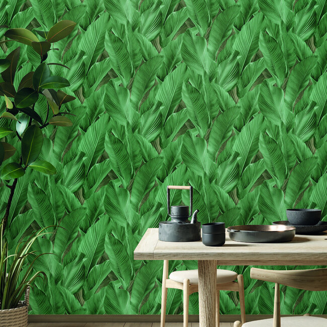 Dutch Wallcoverings Dutch Wallcoverings - Tahiti - Banya groen - Vliesbehang - 10m x 53cm - 13304