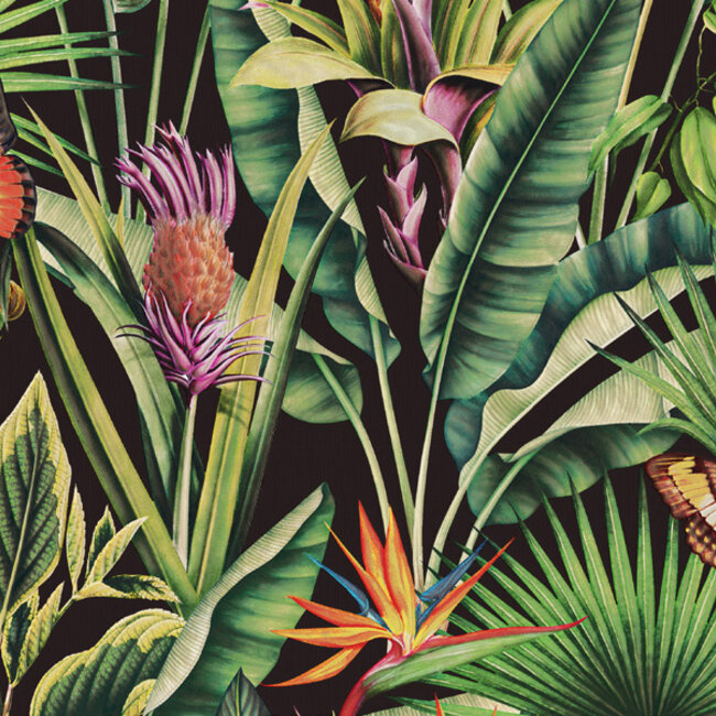 Dutch Wallcoverings Dutch Wallcoverings - Tahiti - Fiori zwart/groen/roze - Vliesbehang - 10m x 53cm - 13334