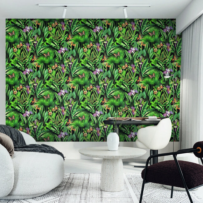 Dutch Wallcoverings Dutch Wallcoverings - Tahiti - Fiori zwart/groen/roze - Vliesbehang - 10m x 53cm - 13334