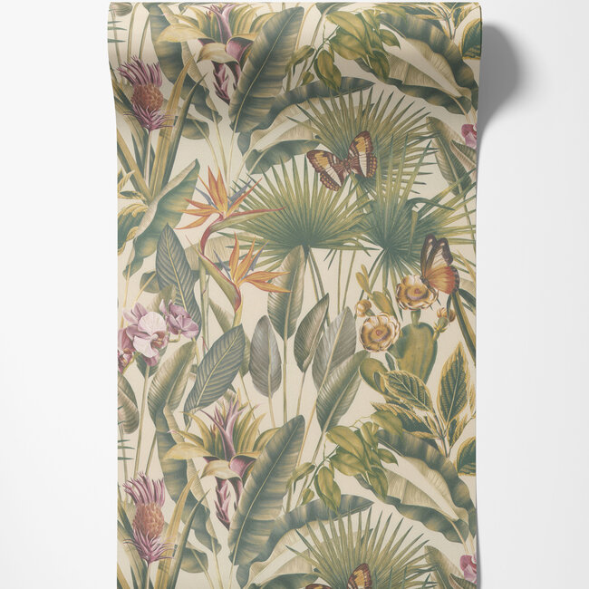 Dutch Wallcoverings Dutch Wallcoverings - Tahiti - Fiori beige/groen/roze - Vliesbehang - 10m x 53cm - 13335