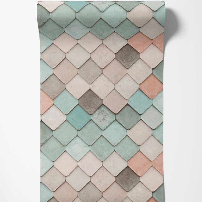 Dutch Wallcoverings Dutch Wallcoverings - Artifice- tegels mint/grijs/roze - Vliesbehang - 10m x 53cm - M760-04
