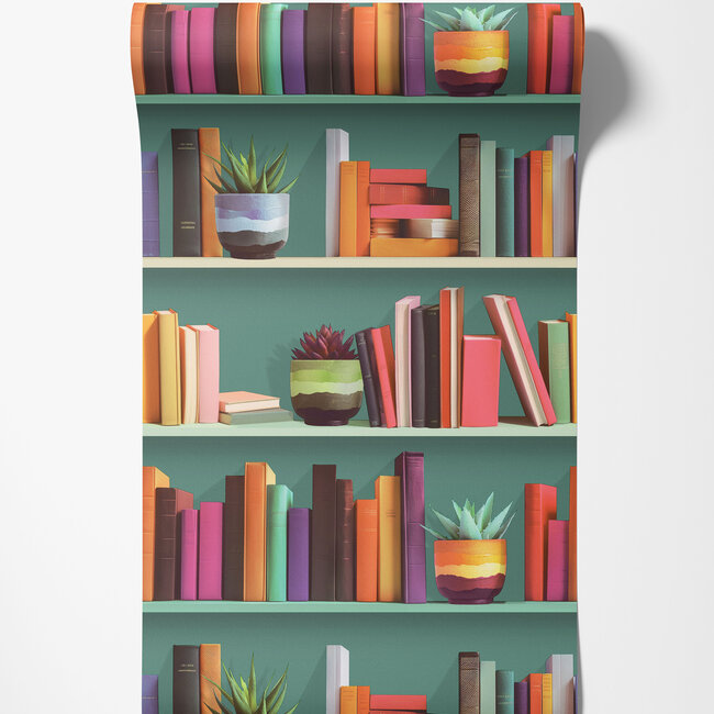 Dutch Wallcoverings Dutch Wallcoverings - Artifice- boekenplanken groen/multi - Vliesbehang - 10m x 53cm - M795-04