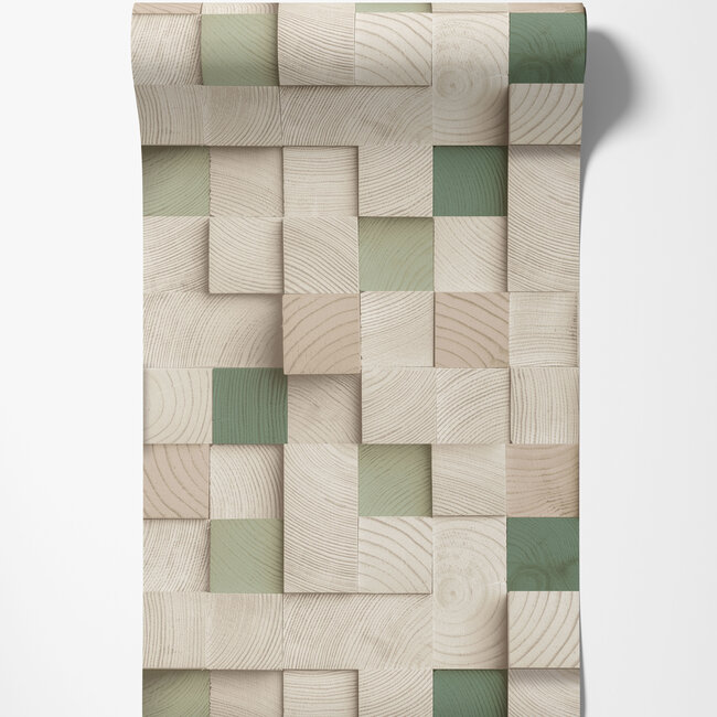 Dutch Wallcoverings Dutch Wallcoverings - Artifice- houtblokken beige/groen - Vliesbehang - 10m x 53cm - M801-04