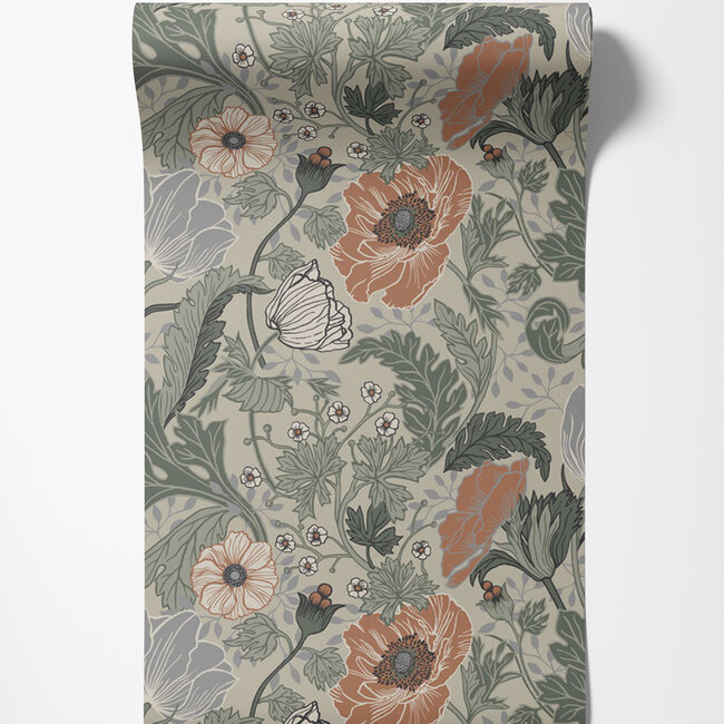 Dutch Wallcoverings Dutch Wallcoverings - FC Apelviken- Anemone Green/orange - Vliesbehang - 10m x 53cm - 33001