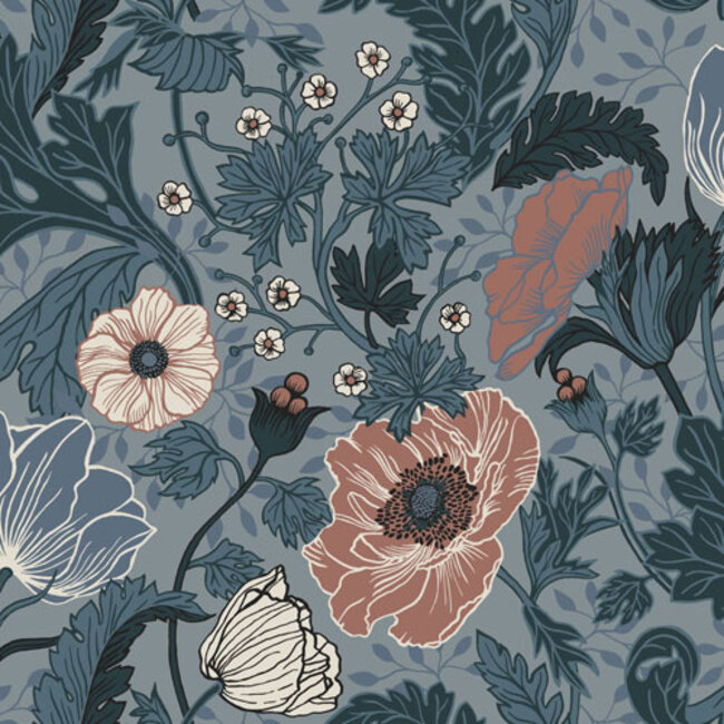 Dutch Wallcoverings Dutch Wallcoverings - FC Apelviken- Anemone Blue/blush - Vliesbehang - 10m x 53cm - 33004