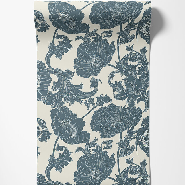 Dutch Wallcoverings Dutch Wallcoverings - FC Ekbacka- Papaver White/Blue - Vliesbehang - 10m x 53cm - 14023