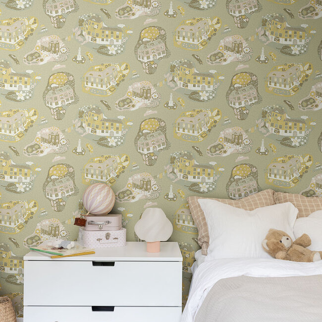 Dutch Wallcoverings Dutch Wallcoverings - FC Resan- Staden Green pink - Vliesbehang - 10m x 53cm - 29008