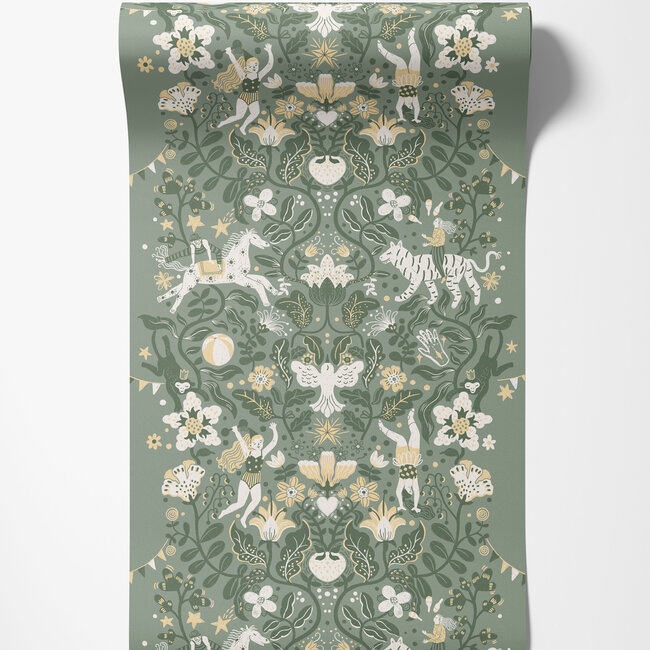 Dutch Wallcoverings Dutch Wallcoverings - FC Resan- Cirkus Greengrey - Vliesbehang - 10m x 53cm - 29027