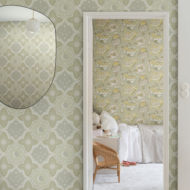 Dutch Wallcoverings Dutch Wallcoverings - FC Resan- Sol & Måne Green - Vliesbehang - 10m x 53cm - 29033