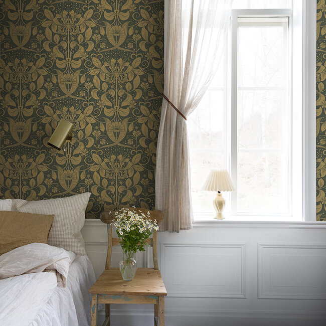 Dutch Wallcoverings Dutch Wallcoverings - FC Hjärterum- Berit donkergroen - Vliesbehang - 10m x 53cm - 83125