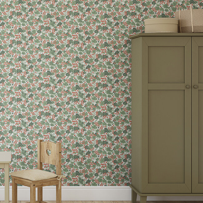 Dutch Wallcoverings Dutch Wallcoverings - FC Klara & Tove- Vinbärsplock White/red - Vliesbehang - 10m x 53cm - 26018