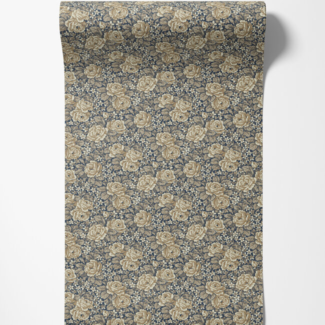 Dutch Wallcoverings Dutch Wallcoverings - FC Rosenlycka- Roses Blue/Ochre - Vliesbehang - 10m x 53cm - 43107