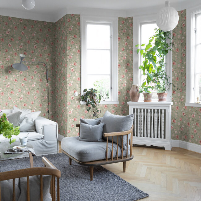 Dutch Wallcoverings Dutch Wallcoverings - FC Rosenlycka- Garden Flowers Green - Vliesbehang - 10m x 53cm - 43119
