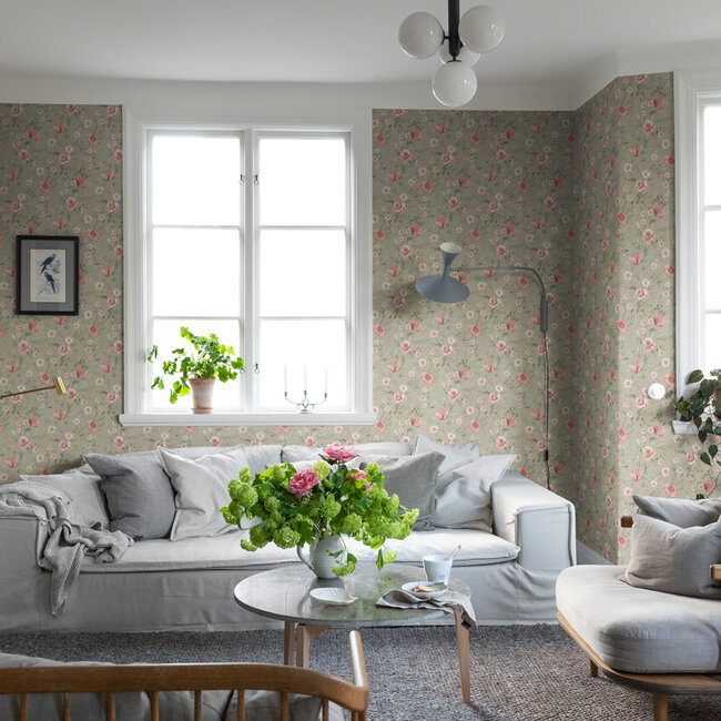 Dutch Wallcoverings Dutch Wallcoverings - FC Rosenlycka- Garden Flowers Green - Vliesbehang - 10m x 53cm - 43119