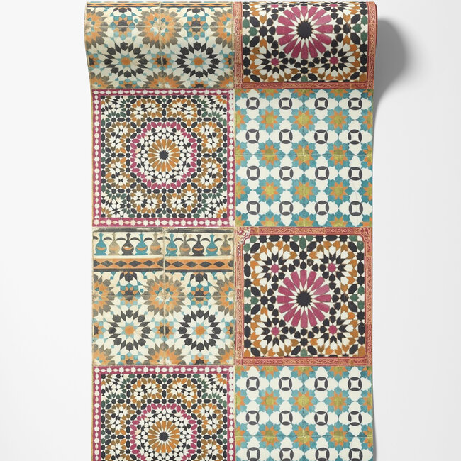 Dutch Wallcoverings Botanical tegels roze/blauw/oranje - vliesbehang - 10m x 53cm - BA2504