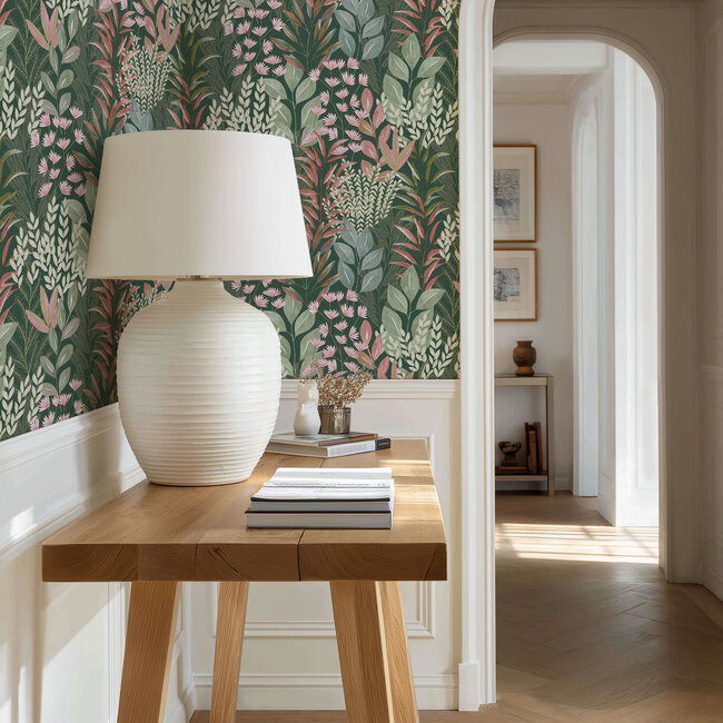 Dutch Wallcoverings Dutch Wallcoverings - Flora- tropische bladeren groen/roze - M869-04 - Vliesbehang - 53cm x 10m