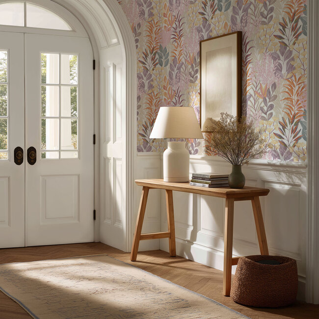 Dutch Wallcoverings Dutch Wallcoverings - Flora- tropische bladeren paars/oranje - M869-05 - Vliesbehang - 53cm x 10m