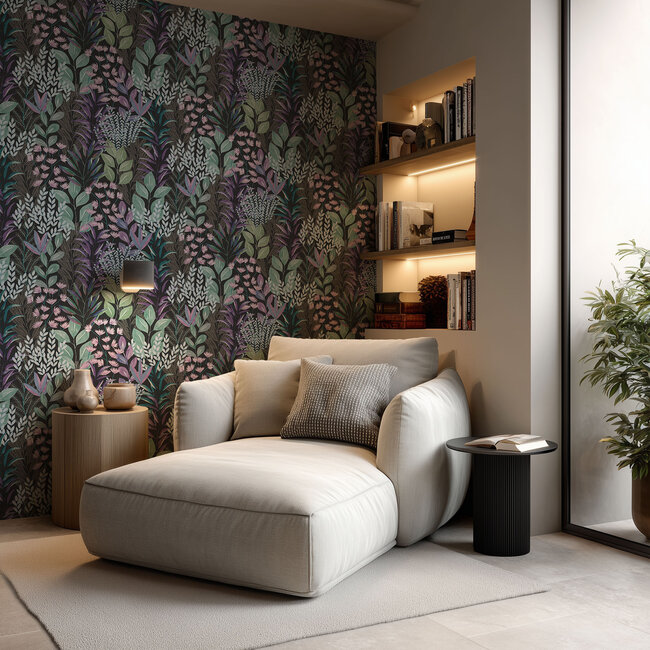 Dutch Wallcoverings Dutch Wallcoverings - Flora- tropische bladeren zwart/grn/paars - M869-06 - Vliesbehang - 53cm x 10m