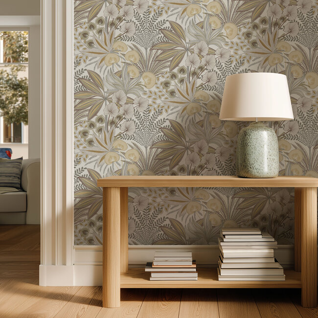 Dutch Wallcoverings Dutch Wallcoverings - Karuna- Jody wit/beige/groen - Vliesbehang - 10m x 53cm - A69002
