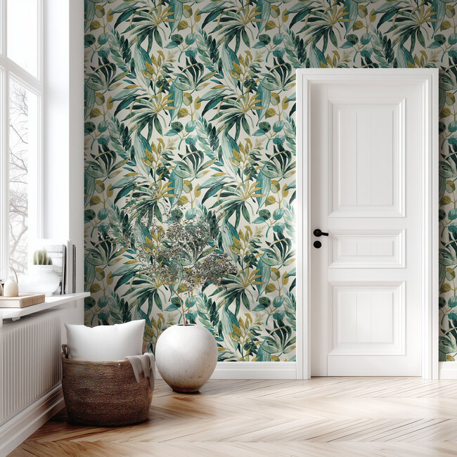 Dutch Wallcoverings Dutch Wallcoverings - Karuna- Inky Palms wit/groen - Vliesbehang - 10m x 53cm - A71201