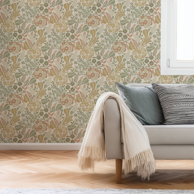 Dutch Wallcoverings Dutch Wallcoverings - Karuna- Alice beige/groen - Vliesbehang - 10m x 53cm - A76602