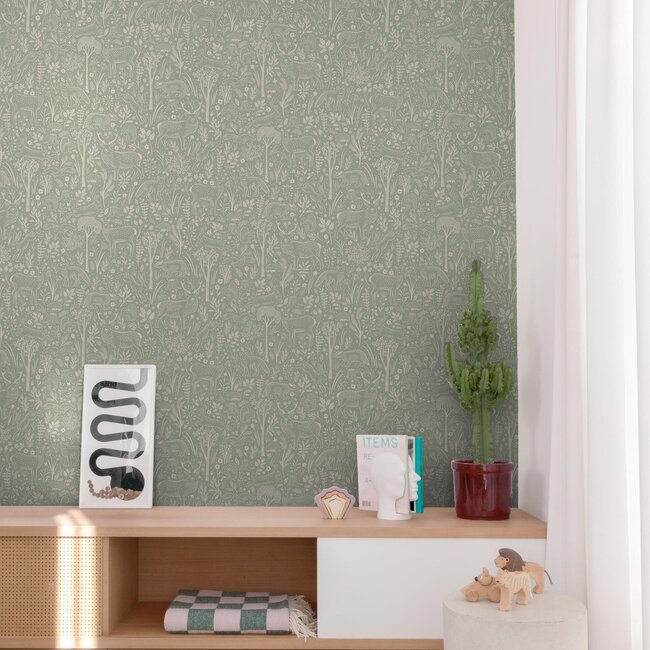 Dutch Wallcoverings Dutch Wallcoverings - Little Dreamers- Woodland Animals groen - Vliesbehang - 10m x 53cm - LD3413